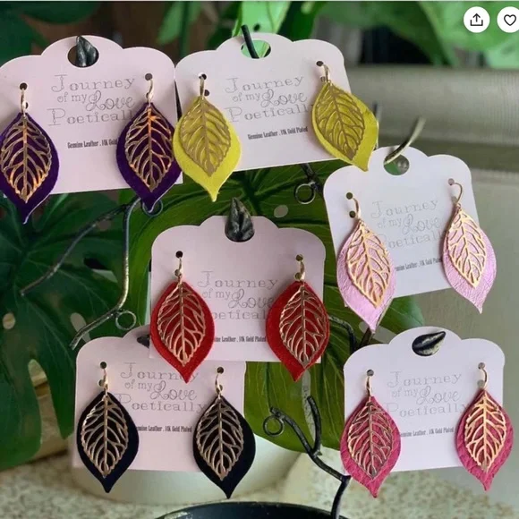 🆕Genuine Leather & Metal Leaf Dangle 1 Pair Earrings - Picture 4 of 4